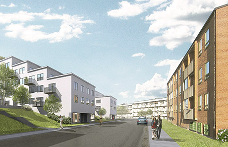 Nya hyresrätter bland Vällingbys 50-talshus. Illustration - Vera Arkitekter