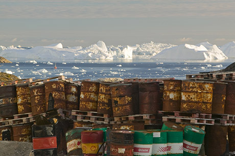 Waste oil barrels on the tundra outside llulissat, Greenland