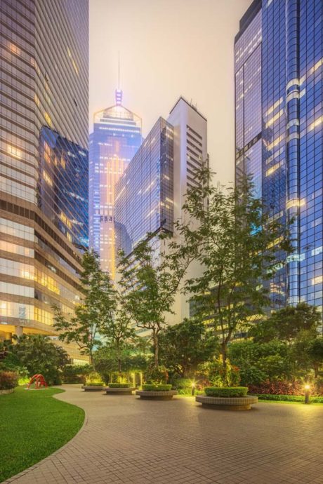 Hong Kong, China - SIRCA May 2015: Night view of skyscraper and park in financial center of Hong Kong. Hong Kong is an international financial centre that has 112 buildings that stand taller than 180 metres